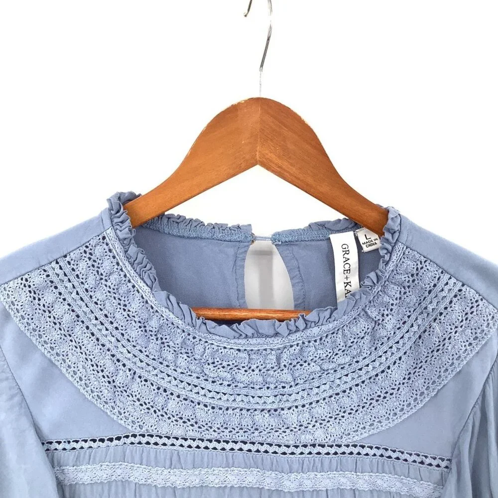 Grace + Karma Women's Blue Lace Ruffle Blouse Top L Rayon Cotton - Picture 2 of 8